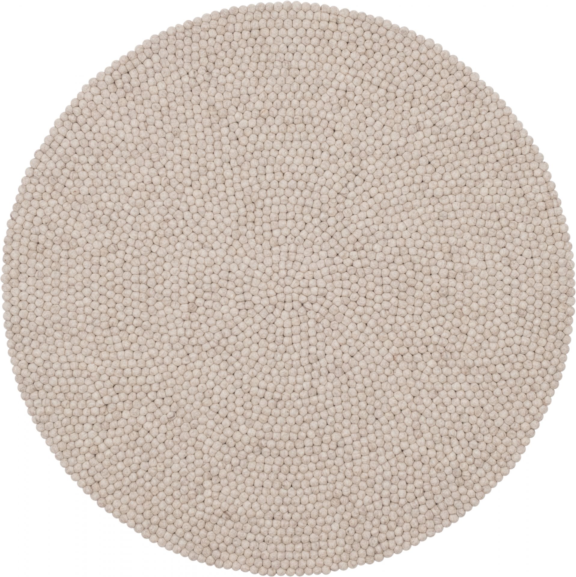 Runder, beiger Filzkugel Teppich von myfelt, Durchmesser 160 cm, aus reiner Schurwolle.